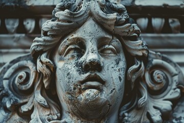 Close up of an old weathered stone face with cracks and moss growing on it