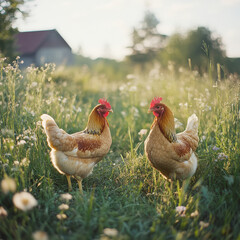 Chicken feeding in the green grass