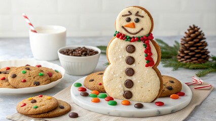 Fototapeta premium Christmas Gingerbread Cookie Snowman Centerpiece, centerpiece, food styling, snowman, gingerbread cookies