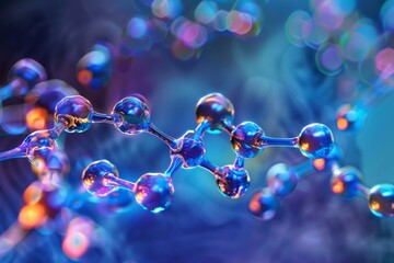3d rendering of a molecular chain glowing on a blue background