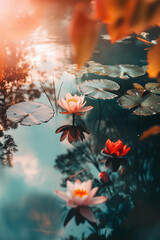 Fototapeta premium a serene close-up of a pink water lily floating on a calm pond surrounded by soft, warm reflections and lily pads, delicate petals with vivid details, atmospheric lighting creating an ethereal glow 