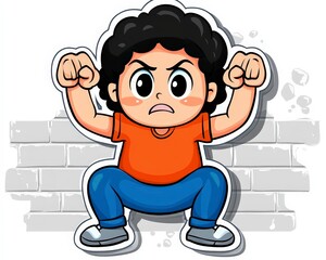 Naklejka premium Angry Boy Cartoon Character with Fists Raised Against Wall Background