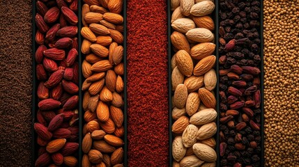 A row of nuts and spices are displayed in a black bowl