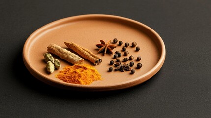 A plate of spices including cinnamon, cloves, and star anise