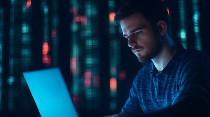 Man Intently Using Laptop with Glowing Financial Graphs on Dark Technological Background