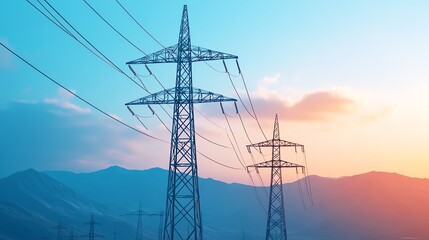 Electricity pylons at sunset landscape