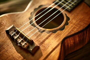 Ukulele is laying on its side, with the details of the strings and wood grain in focus