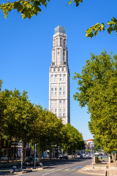 Amiens, France - August 13, 2022: The Perret tower is a 29-storey residential skyscraper built in 1952 by french architect Auguste Perret  in charge of rebuilding the city center after WWII.