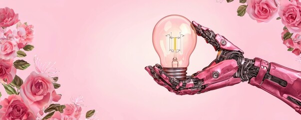 A robotic hand holds a glowing light bulb surrounded by pink roses on a soft backdrop.