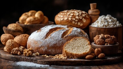Naklejka premium Freshly baked bread with flour and nuts on a rustic table