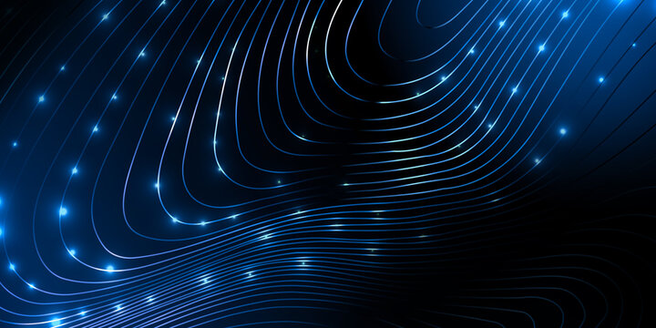 Abstract Background. Glowing blue lines and stars on a dark background, creating a futuristic and dynamic wave pattern. Copy space - Powered by Adobe