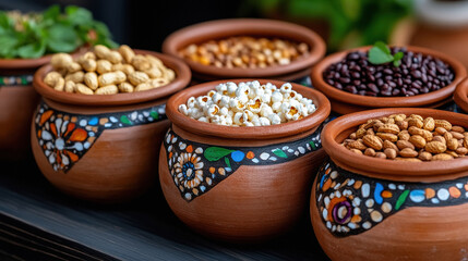 Fototapeta premium clay pots with designs filled with popcorn and peanuts