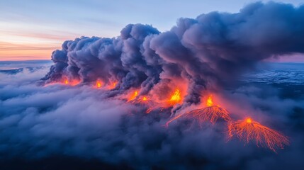 Aerial View of Volcanic Eruption at Dusk Fiery Lava Flow Dramatic Smoke Plume Iceland Landscape