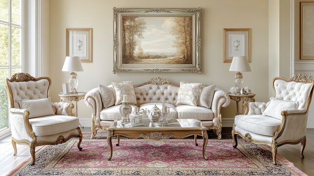 Elegant Off White Living Room Set Ornate Sofa Armchairs Coffee Table