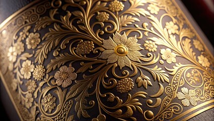 Close-up of a wine label with intricate gold foil details and a floral pattern, wine packaging, design, luxury, gold foil