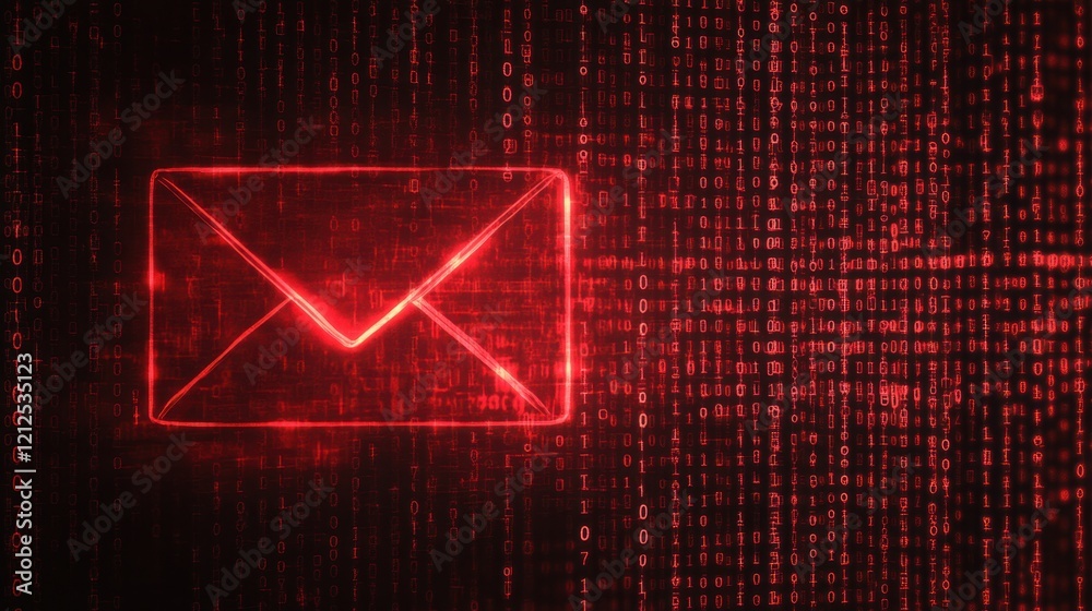 Poster red neon email icon with binary code background for digital themes