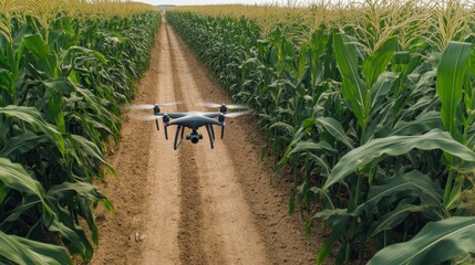 Obraz premium Drone Surveying Cornfield Crop for Agricultural Technology Analysis