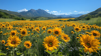 Obraz premium Sunflowers blooming in mountain valley field, summer