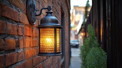 A vintage lantern glows warmly against a brick wall, illuminating a narrow alley with greenery, creating an inviting atmosphere.