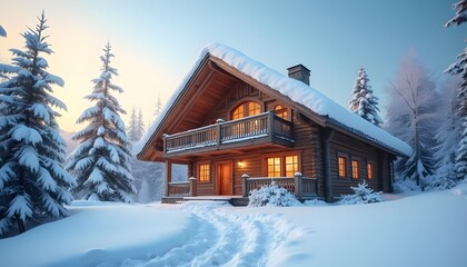 Snow covered cabin in winter forest with warm glow from windows and path in the snow