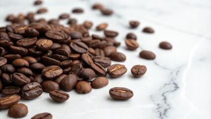 Naklejka premium Close-up of roasted coffee beans scattered on a marble countertop, macro photography, granite surface, coffee beans arrangement