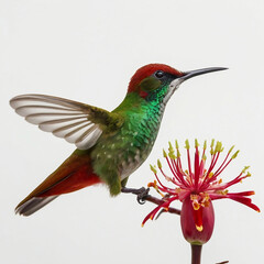 Fototapeta premium bird, humming, Green crowned The green Costa Rican bird Heliodoxa jacula stands out brilliantly against the stark white background as it flies next to a stunning crimson blossom. 