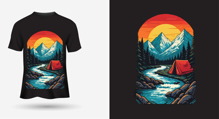 Adventure at the mountain graphic artwork for t shirt and others. Mountain with tree retro vintage print design.
