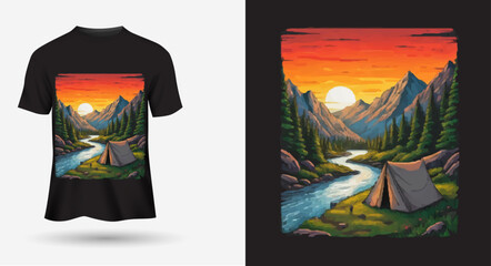 Adventure at the mountain graphic artwork for t shirt and others. Mountain with tree retro vintage print design.
