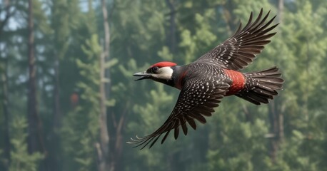 Fototapeta premium A red-cockaded woodpecker in flight, with its bright red crest visible as it soars through the air , sky, bird, wildlife