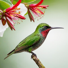 Fototapeta premium bird, humming, Green crowned The green Costa Rican bird Heliodoxa jacula stands out brilliantly against the stark white background as it flies next to a stunning crimson blossom. 