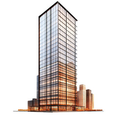 Fototapeta premium Tall modern building with numerous windows against a clear blue sky in a bustling urban environment isolated on transparent background.