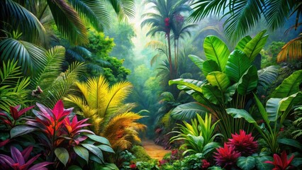 Exotic plants and trees in a lush tropical jungle setting