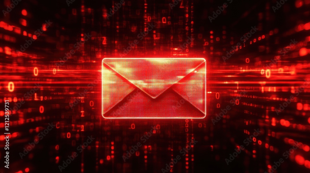 Poster digital red email icon with binary code background and glowing effects