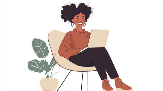 Illustration of a Smiling Woman Working on a Laptop in a Cozy Chair with Plant Decor