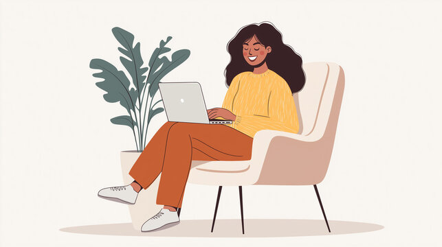 Illustration of a Smiling Woman Working on a Laptop in a Cozy Chair with Plant Decor