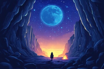 Lone Cowboy Rides Towards Canyon Under Giant Moon