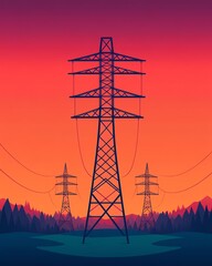 Electricity pylons at sunset landscape