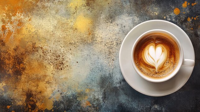 Coffee banner of a steaming cappuccino with intricate latte art served on an abstract, vibrant painted surface with copy space, combining the allure of coffee culture with the beauty of art.