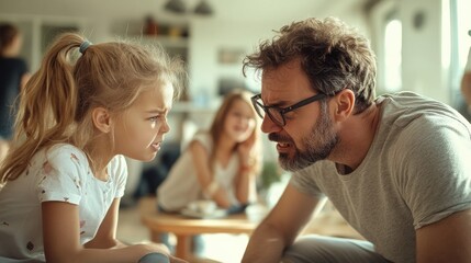 Man and little girl sitting together on a couch in a cozy living room setting
