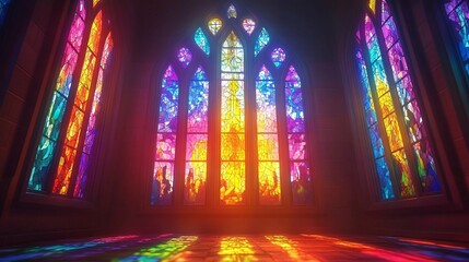 Obraz premium Stained glass window with vibrant abstract patterns reflecting colorful light into an interior space