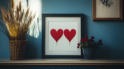 Two red hearts in a framed silhouette resting on a wooden table