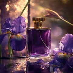 Elegant purple perfume bottle surrounded by irises indoor floral still life soft lighting atmosphere © pasiporn