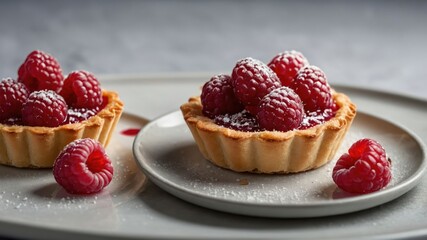 Delicious raspberry tarts topped with fresh berries and powdered sugar on elegant plates.