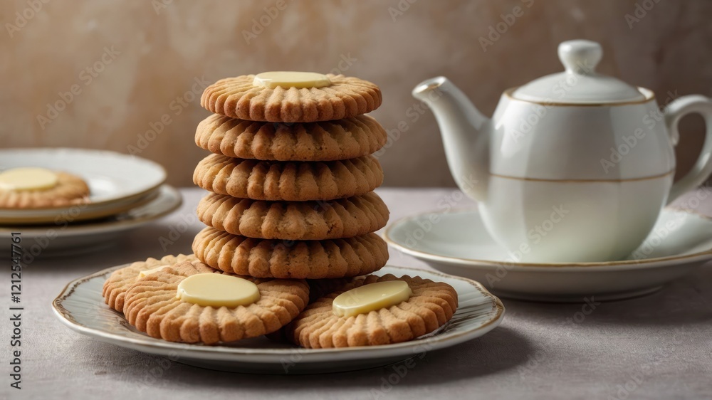 Sticker A stack of cookies with a teapot and plates, suggesting a cozy tea time.