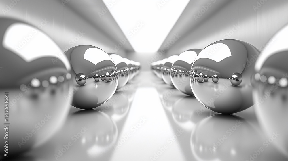 Poster Chrome spheres aligned in a converging perspective.