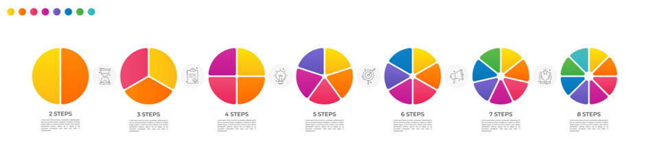 Circle division vector infographics icon set from 2 to 8. Different color circles chart divided 2, 3, 4, 5, 6, 7, 8 equal parts. Business round diagram with same size sectors, fraction.