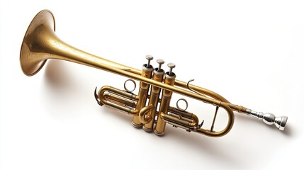 Naklejka premium Close-up of a shiny brass trumpet isolated on a white background, showcasing intricate details of the valves and polished finish.