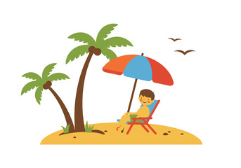 Clip Art for Beach. A child sits on a beach chair under an umbrella near palm trees and birds. Vector illustration design.