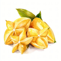 Fototapeta premium A watercolor sliced starfruit painting illustration isolated on a white background, a sliced starfruit illustration, painting, AI, carambola