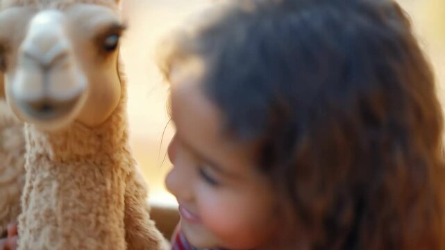 Joyful bonding between child and camel in serene desert setting